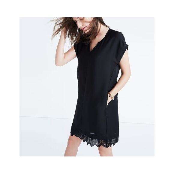 Madewell Duskway Eyelet Dress S Black Short Sleeve Sheath Shift Capsule - Picture 2 of 8